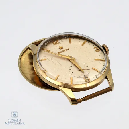 Viallinen kultarannekello Zenith, Ø 34mm, manuaalivetoinen, 17-kivinen, koneiston nr. 4965876, kaiverrettu, 585br,  Paino: 28,3 g