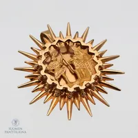Inka-aiheinen rintaneula riipuslenkillä, korkeus 45mm, Peru, noin 17K-kultaa,  Paino: 18,9 g