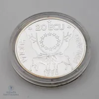 Hopea raha, nimellisarvo 20 ECU, Johan Ludvig Runeberg 1804 - 1877, Suomi 1995, kotelo, 925,  Paino: 26,9 g