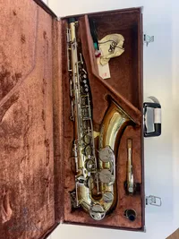 Saksofoni Yamaha YTS-23, suukappale Vandoren T20 ja kova kantolaukku, yksi hyvin pieni kolhu. Tekstiä korjattu: muutettu saksofonin malli oikeaksi (6.5.2024).
