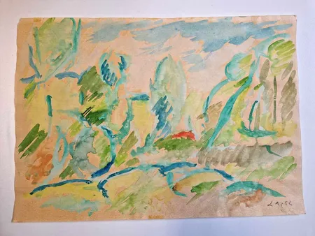 Vesivärityö, signeeraus L.A (Lauris Ahlgren) 1952, koko 30x43cm, ei kehyksiä.