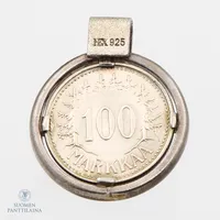 Raha-riipus 100 markkaa Suomen Tasavalta 1956 , Ø 30mm, korkeus 35mm, 925,  Paino: 12 g