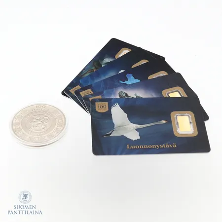Viisi kultaharkkoa ja jetoni, Itsenäinen Suomi 100 vuotta, Suomen Moneta, 205 / 2000, 99,99,  Paino: 5 g