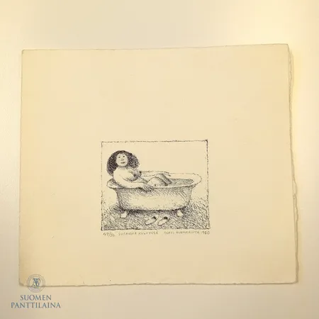Litografia, Susanna kylvyssä, korkeus 80mm, leveys 90mm, 49 / 50, signeerattu Olavi Hurmerinta 1980