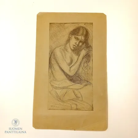Etsaus, Kampaava tyttö, korkeus 30cm, leveys 15,5cm, signeerattu P H. 09, Pekka Halonen