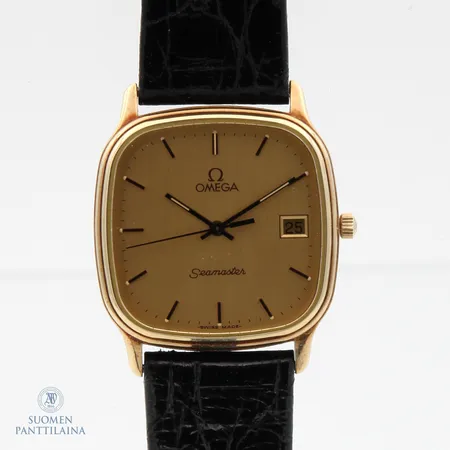 Kultarannekello Omega Seamaster quartz nahkarannekkeella, taulun koko 30x30mm, kaiverrettu, paristo loppu, 585br, 