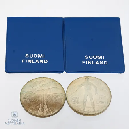 Kaksi Juhlarahaa, Hiihdon MM-kilpailut 1978, nimellisarvo 25 Markkaa, 500, Paino: 53 g