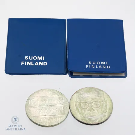 Kaksi juhlarahaa, J.K Paasikivi 1970, nimellisarvo 10mk, 500,  Paino: 45 g