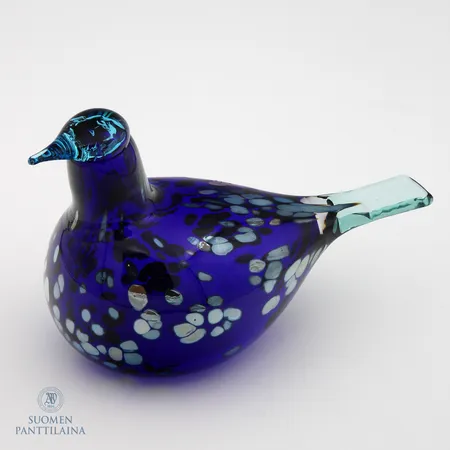 Lasilintu, Iittala, Sinikki, signeeraus O.Toikka Nuutajärvi, mitat 200x130mm, yrityslintu Vantaan kaupunki.