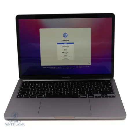 Kannettava tietokone Apple MacBook Pro 13, 256 Gt, malli A2338, ostettu 05/2022, 3-vuoden takuu, laatikko ja ostokuitti.