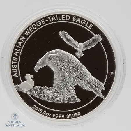 Hopearaha, Wedge-tailed eagle, nimellisarvo 2 AUD, Australia, 2018, sertifikaatti ja säilytysrasia, 999,  Paino: 62,2 g