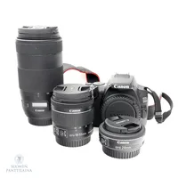 Järjestelmäkamera Canon Eos 250D, 1 objektiivi Canon  EFS 18-55mm,  pannukakkuobjektiivi Canon EFS 24mm f/2,8 STM ja objektiivi Canon 70-300mm f/4-5.6 IS II USM, ei laturia