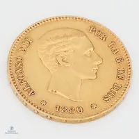 Kultaraha, Espanja, Alfonso XII, nimellisarvo 25 pesetaa, 1880, 900,  Paino: 8,1 g