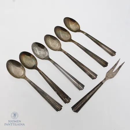 Kuusi kahvilusikkaa ja otinhaarukka, Margit, pituus 115mm, 916,  Paino: 84,6 g