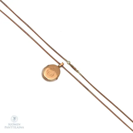 Panssarikaulaketju medaljongilla, lukko viellinen, medaljongin korkeus 33mm, kaiverrettu, ketjun pituus 62cm, 585br,  Paino: 9,3 g