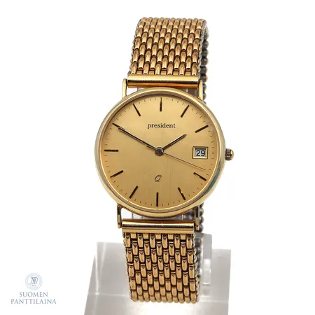 Kultarannekello President, quartz, ei käy, kaiverrettu, käytön jälkiä, rungon Ø33mm, metallirannekkeen pituus 200mm, 585br,  Paino: 57,5 g