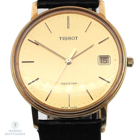 Kultarannekello Tissot Seastar, quartz, kaiverrettu, patteri loppunut, pientä käytön jälkeä, rungon Ø33.5mm, nahkarannekkeen pituus170-210mm, 585br, Paino: 27,9 g