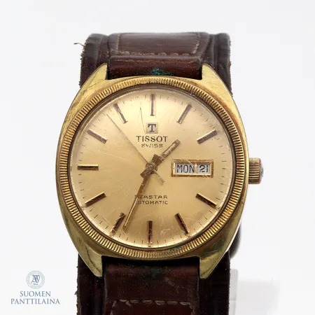 Teräsrannekello Tissot Seastar, automaatti, taulun Ø 36mm, nahkaranneke, lasissa naarmuja, käytön jälkiä,