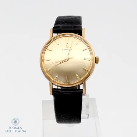 Kultarannekello Certina, automaatti, taulun Ø 29mm, kaiverrettu, lasissa muutamia naarmuja, alkuperäinen nahkaranneke, 585br,