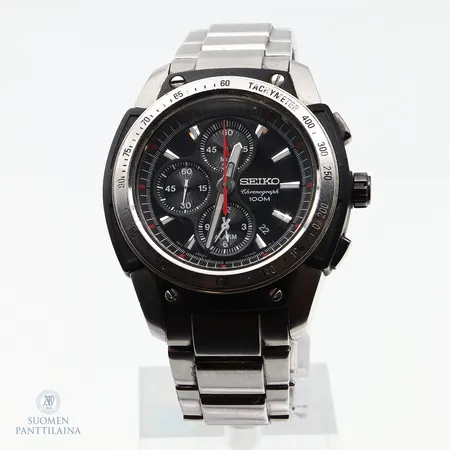 Teräsrannekello Seiko Sports Chronograph 100M, quartz, ref.7T62-0KD0, rungon Ø 45mm, rannekkeen pituus 190mm, käytön jälkiä