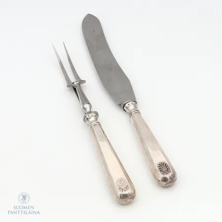Paistihaarukka ja -veitsi, käytön jälkiä, Musla, pituudet 255-320mm, 813br,  Paino: 246,6 g