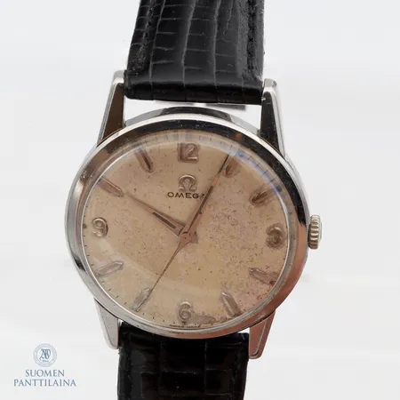 Teräsrannekello Omega nahkarannekkeella, mekaaninen, Ø 33mm, pituus 160-200mm, ei solkea, taulussa kulumaa