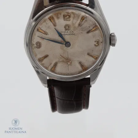 Teräsrannekello Omega nahkarannekkeella, mekaaninen, Ø 36mm, pituus 160-200mm, kaiverrettu, taulussa kulumaa ja solki puuttuu.