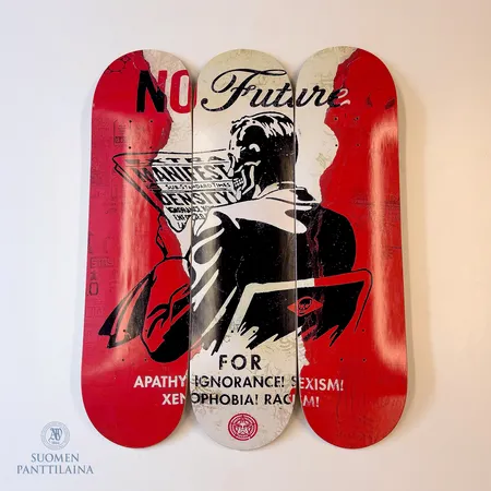 Taideteos No Future Limited Edition, 207/450, design Shepard Fairey x The Skateroom, mitat 80cm x 60cm, kolmiosainen.