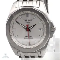 Teräsrannekello Tissot T-sport PRC 100, reference P870/970, käytön jälkiä, quartz, patteri loppunut, rungon Ø39mm, teräsrannekkeen pituus 205mm, 