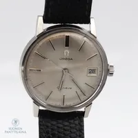 Teräsrannekello Omega Geneve Seamaster nahkarannekkeella, manuaalinen, taulun Ø 34mm, caliberi 613, 17-kivinen, sarjanumero 27847352, 136.011, kaiverrettu, vaatii huoltoa; koneisto kuivunut. 