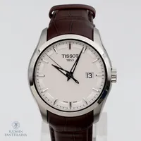 Teräsrannekello Tissot nahkarannekkeella, quartz, reference-numero TO35410 A, ISS-logo takakanessa, Ø 40mm, pituus 180-210mm, takuukortti 12.2020, käyttöohjekirja, säilytyspussi - ja rasia.  