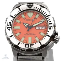 Rannekello, Seiko Diver's, automaatti, "Orange Monster" ref.7S26-0350, teräsranneke, käytön jälkiä, rungon Ø42.5mm, teräsrannekkeen pituus 195mm, 