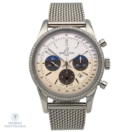 Teräsrannekello timanteilla, Breitling Transocean Chronograph, automaatti, taulun Ø 43mm, ref.AB015253-G724-154A, sarja no.3131258, laatikko ja paperit