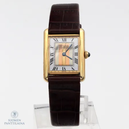 Hopearannekello Cartier Vermeil Tank "Trinity Dial", mitat 23x31mm, sarjanumero 55137 ref. 590005, quartz, Cartierin huoltokuitti 4/2024, lasi viallinen, nahkaranneke ei alkuperäinen, kullattua hopeaa 925.