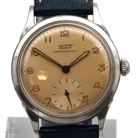 Teräsrannekello Tissot, manuaalinen, Swiss Made, 15 jewels, käytön jälkiä, lasissa naarmuja, rungon Ø33mm, ranneke kulunut, ranneke ei alkuperäinen, nahkarannekkeen pituus 155-210mm, 