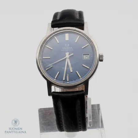 Teräsrannekello Omega Geneve, automaattinen, taulun ø 35mm, 23-kivinen, caliberi 1012, ref.166.0163 sarjanumero 38130123, kaiverrettu, nahkaranneke.