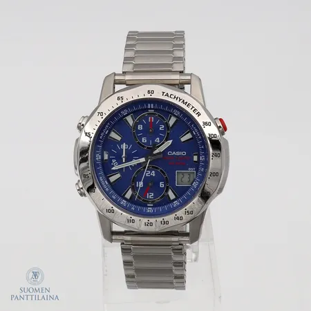 Teräsrannekello Casio Wave Ceptor, WR 100M, alarm dual time chronograph, quartz, WVQ-550, Ø 45mm, joustoranneke.  