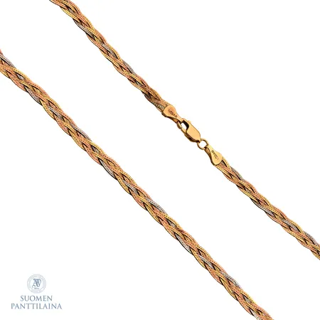 Kaulakoru, pituus 39,5cm, leveys 5,5mm, 585 kelta- valko- ja punakulta,  Paino: 9,3 g