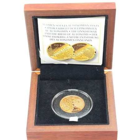 Kultaraha, Suomen sota ja autonomian synty, 2008, nimellisarvo 100 euroa, rasia ja todistus, 917, Paino: 8,5 g