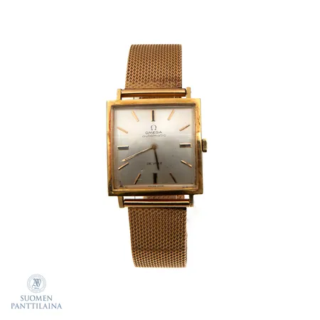 Viallinen kultarannekello Omega De Ville, automaatti, rungon mitat 28x28mm, rannekkeen pituus 190-200mm, 750br,  Paino: 68,1 g