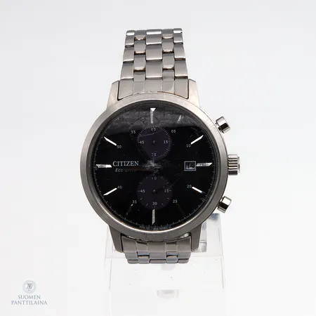 Teräsrannekello Citizen, Eco-drive chronograph, quartz:paristo loppunut, lasissa naarmuja, taulun Ø 42mm, rannekkeen pituus 185mm