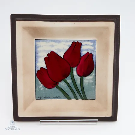 Seinälaatta Arabia, Tulppaanit seinälaatta, 18,5x18,5 cm, Heljä Liukko-Sundström, pientä kulumaa