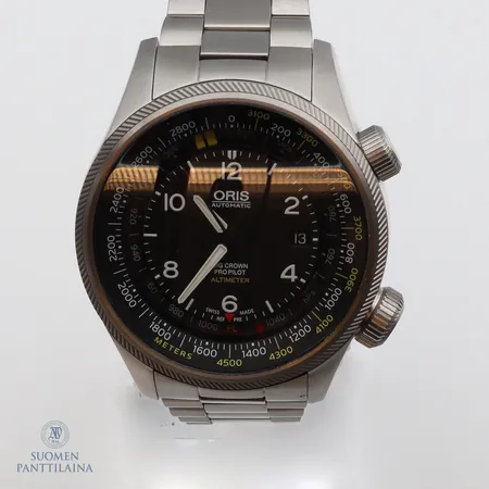 Teräsrannekello Oris teräsrannekkeella, Big crown pro pilot, automaatti, caliber ORIS 733, ref numero 01 733 7705 4164, sarjanumero 3399842, takuukortti, ohjekirja ja laatikko. 