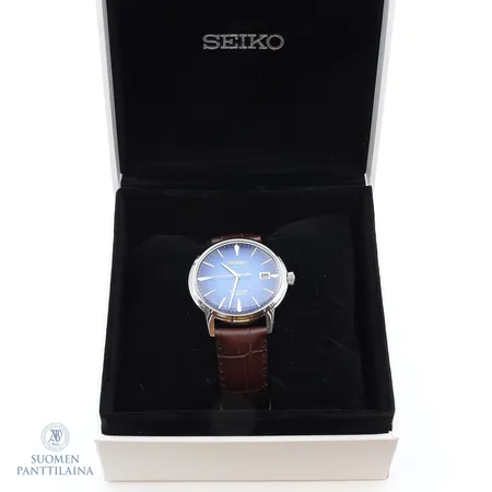 Teräsrannekello Seiko Presage nahkarannekeellla, automaatti, sarjanumero 234034, takuukortti ostettu 24.6.2024, ohjekirja ja laatikko.  
