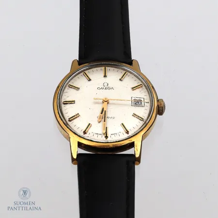 Teräsrannekello Omega Geneve nahkarannekkeella, caliber 613, sarjanumero 32169794, kaiverrettu ja käytöstä aiheutunutta kulumaa. 