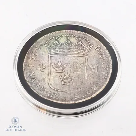 Raha, Ruotsi, 4 markkaa, 1694, Kaarle XI, aitoustodistus Moneta. 