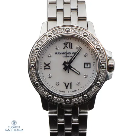 Teräsrannekello Raymond Weil Tango, timanttikehä 36xn.0.005ct, ref:5399,  quartz; paristo loppunut, , rannekkeen pituus 155mm, rungon Ø 28mm, käytön jälkiä, sarjanumero: V966700, takuukortti