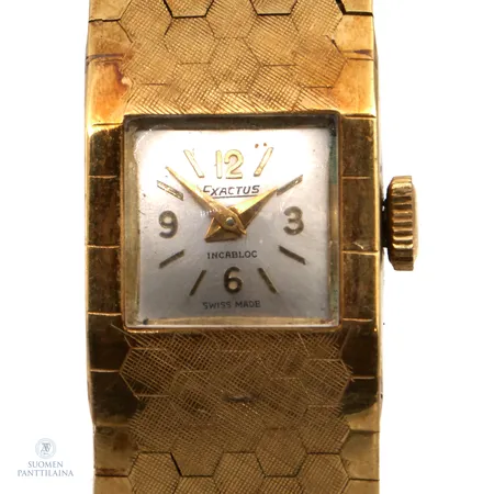 Kultarannekello Exactus Incablock, Swiss Made, 17 jewels, manuaalinen, rungon mitat 15.5x18mm, kultarannekkeen pituus 175-180mm, käytön jälkiä, 585br,  Paino: 36,9 g