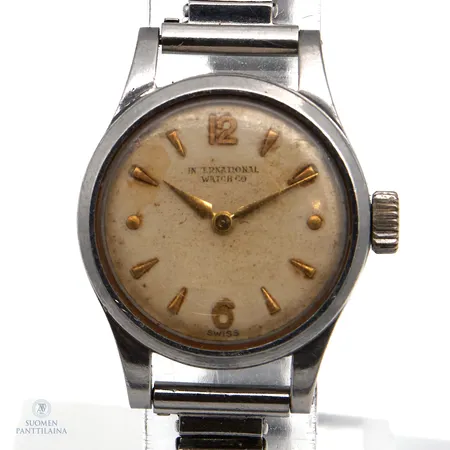 Teräsrannekello IWC, International Watch Co, Swiss, manuaalinen, käytön jälkiä, lasissa naarmuja, kaiverrettu, rungon Ø21.5mm, teräsrannekkeen pituus 180mm, ranneke ei alkuperäinen, 