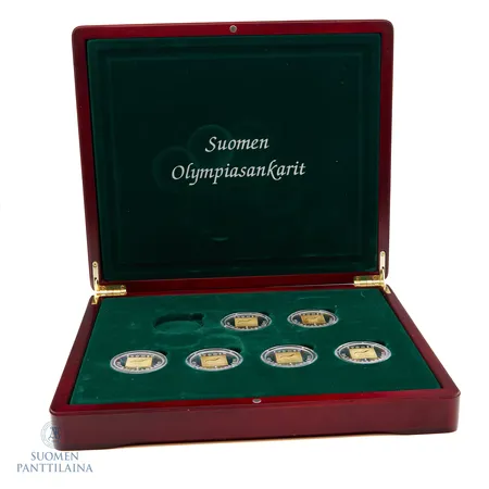 Mitalisarja Suomen Olympiasankarit, kuusi juhlamitalia, Suomi 2005, puulaatikko, 925, Paino: 150 g